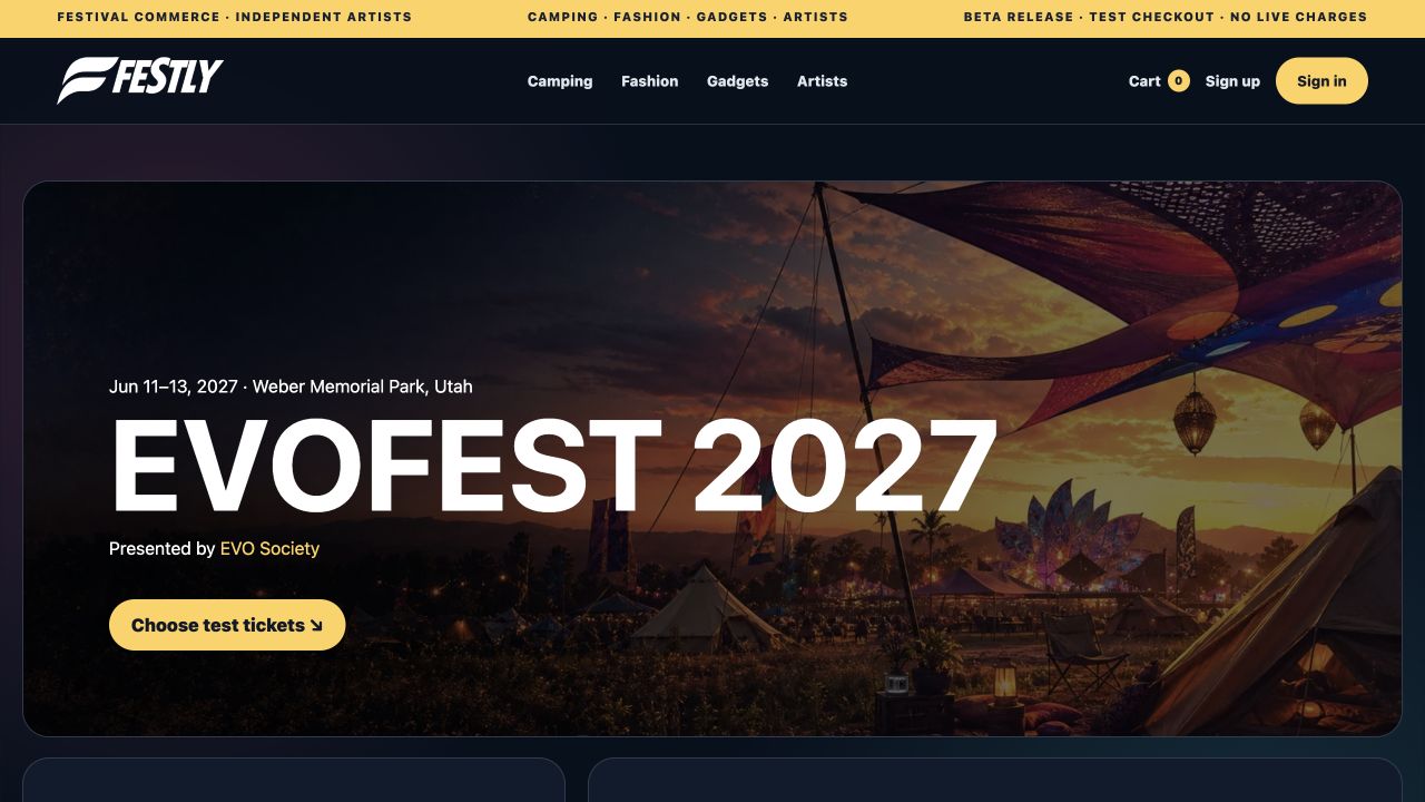 Festly event page with festival details and artist connections