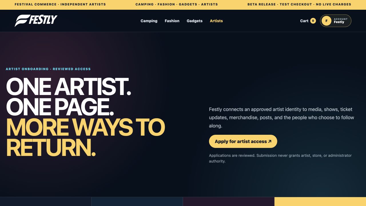 Festly artist onboarding screen explaining a reviewed artist page