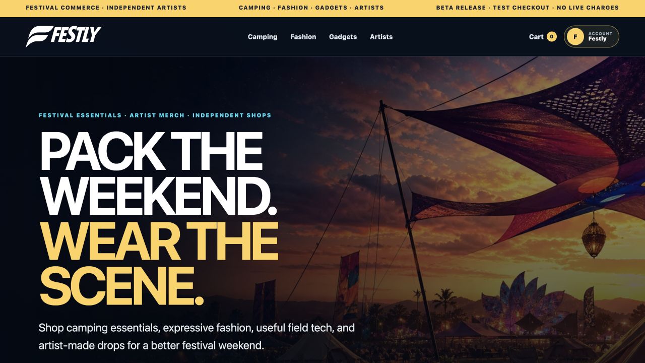 Festly weekend discovery screen with festival essentials, artists, and independent shops