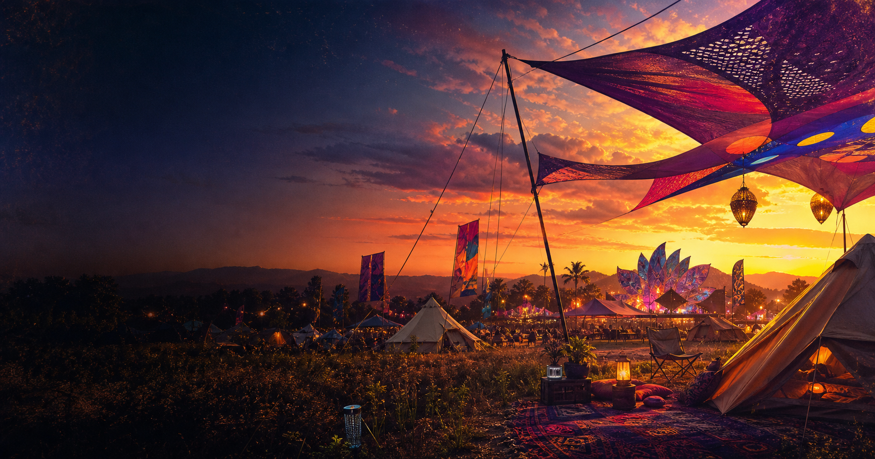 Open-air festival field at golden hour