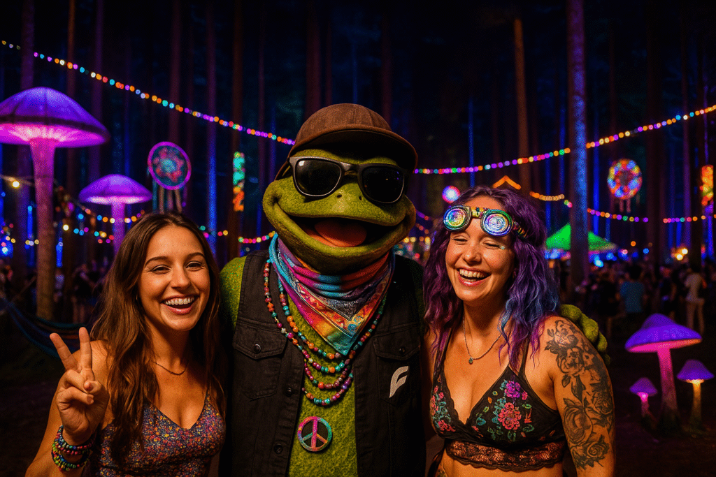 Festly mascot character in Colorful forest installation