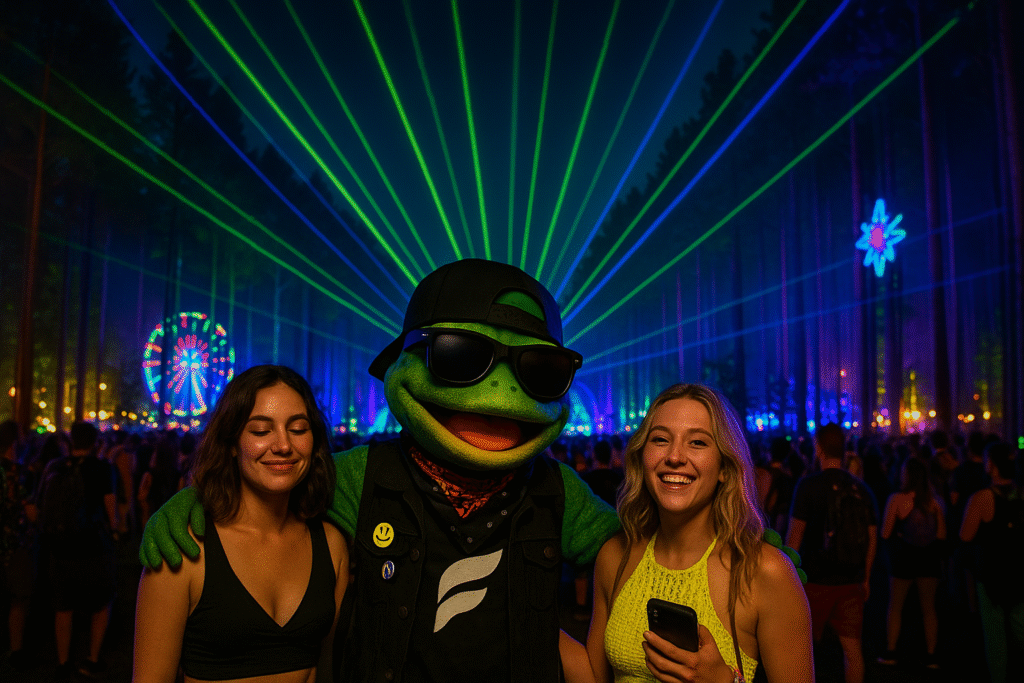Festly mascot character in Green-light field scene
