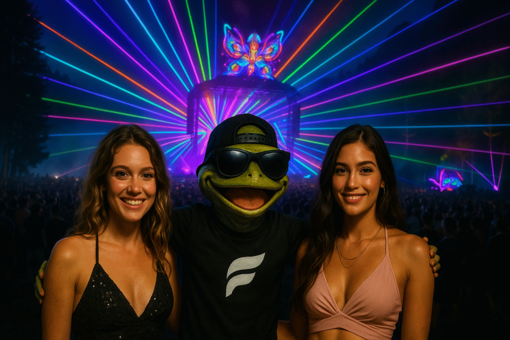 Festly mascot character in Rainbow stage scene